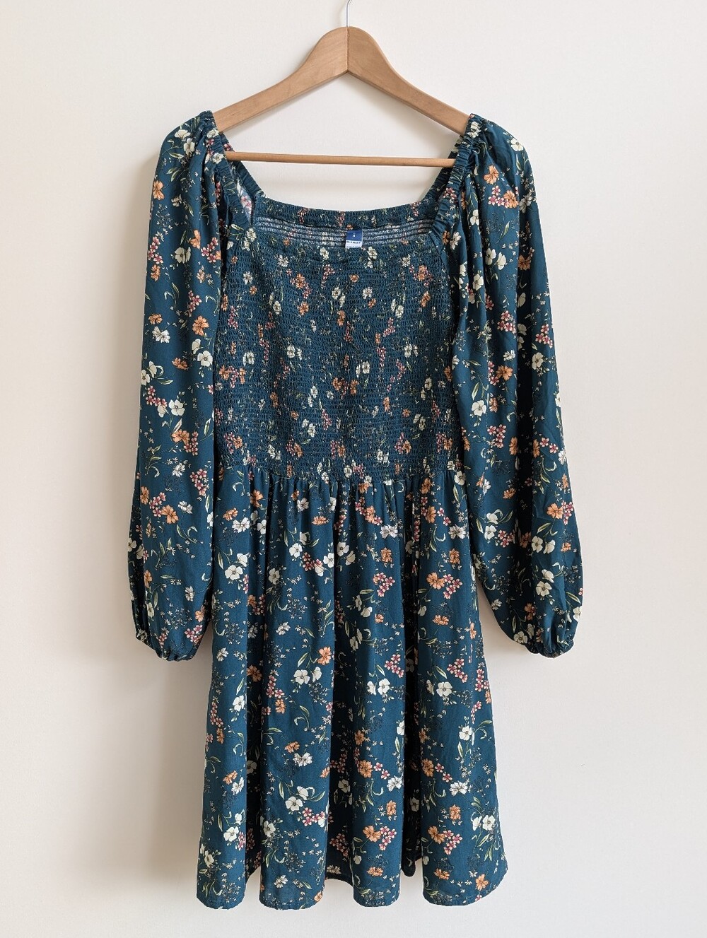 Old Navy Large Smocked Chest Puff Sleeve Teal Green Floral Square Neck  Dress